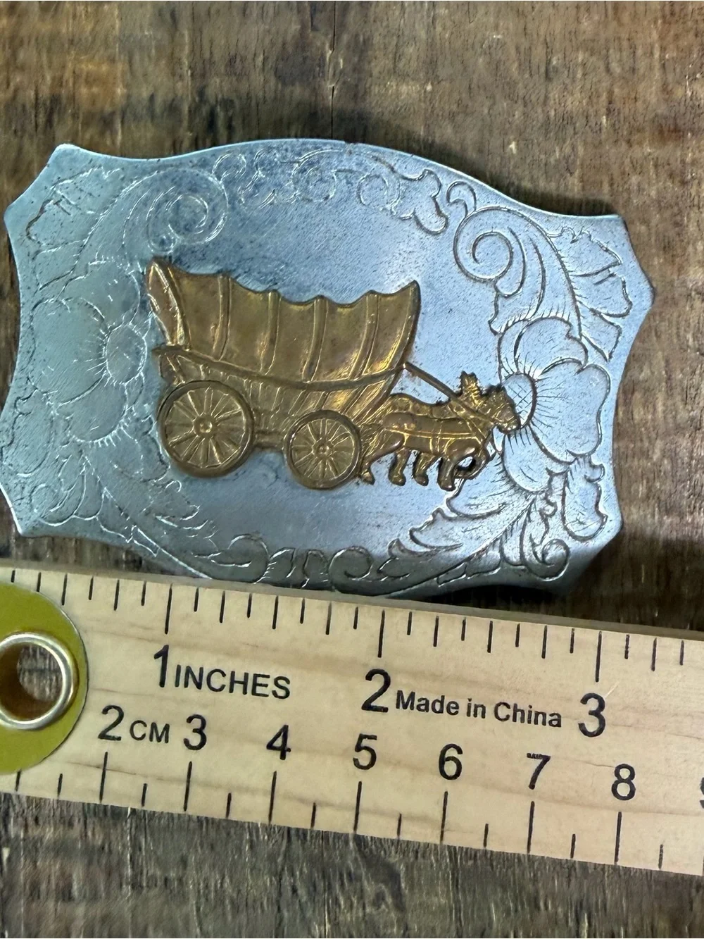 Decorative Covered Wagon Western Belt Buckle- Brass and Silver Tone